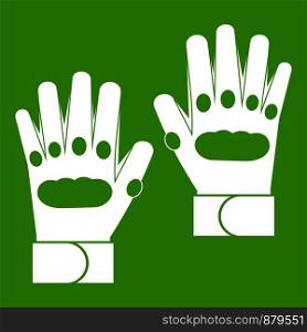 Pair of paintball gloves icon white isolated on green background. Vector illustration. Pair of paintball gloves icon green