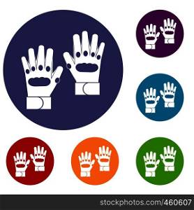 Pair of paintball gloves icons set in flat circle reb, blue and green color for web. Pair of paintball gloves icons set