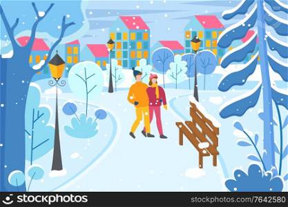 Pair of people walking in evening in winter park. Lovely couple holding hands strolling together. Man and woman in city. Cityscape with homes lit with lights. Street with lanterns and trees vector. Couple Walking in Winter Park with Cityscape View