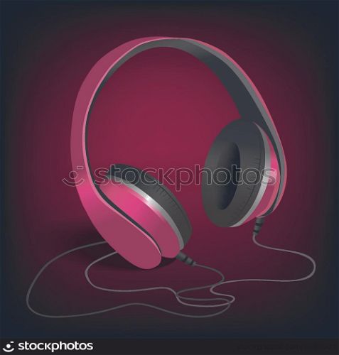 Pair of pink music headphones with wire on purple background poster vector illustration
