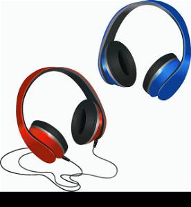 Pair of red and blue music headphones with wire and wireless decorative element vector illustration
