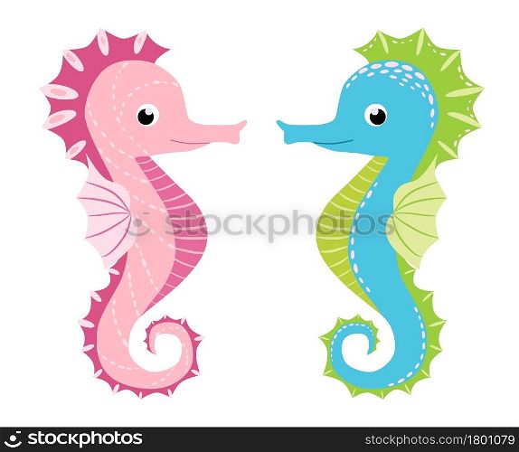Pair of seahorses, scandinavian style hippocampus, hand drawn, pink and turquoise, boy and girl, love and family.. Pair of seahorses, scandinavian style hippocampus, hand drawn, pink and turquoise, boy and girl, love