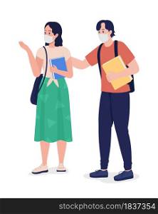 Pair of students in masks semi flat color vector character. High school pupils figures. Full body people on white. School isolated modern cartoon style illustration for graphic design and animation. Pair of students in masks semi flat color vector character