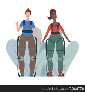 Pair of transnational happy healthy people in exosuits on abstract leaves. Innovation in medicine. Exoskeleton for people with disabilities. Vector flat image for articles and your creativity.. Pair of transnational happy healthy people in exosuits on abstract leaves. Innovation in medicine. Exoskeleton for people with disabilities. Vector flat image