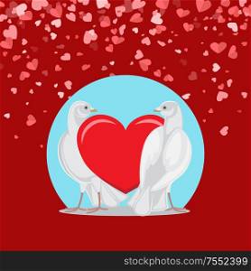 Pair of white doves and red love symbol on blue circle background, flying hearts vector Valentines day greeting card. Pigeon birds on romantic postcard. Pair of White Doves and Red Love Symbol on Blue