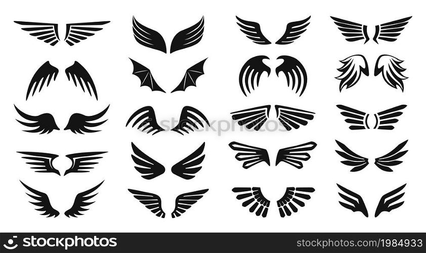 Pair of wings icon, flying birds wing silhouette logo. Black heraldic eagle or angel wings, hawk or phoenix badge, tattoo, insignia icons set. Majestic gothic symbols isolated on white