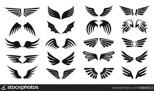 Pair of wings icon, flying birds wing silhouette logo. Black heraldic eagle or angel wings, hawk or phoenix badge, tattoo, insignia icons set. Majestic gothic symbols isolated on white