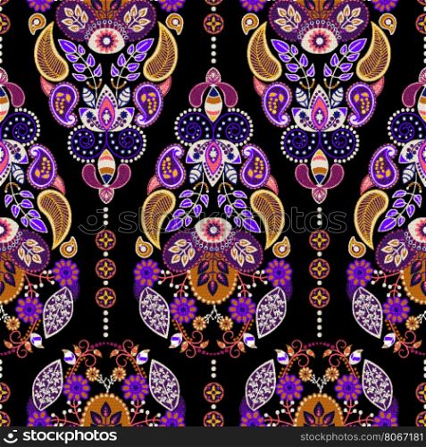Paisley floral seamless pattern. Dark backdrop with indian decorative elements