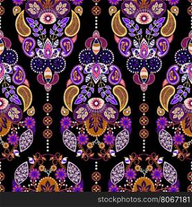 Paisley floral seamless pattern. Dark backdrop with indian decorative elements