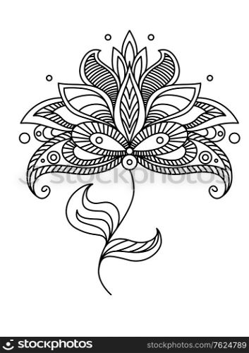 Paisley line drawing ornate floral design element with a large flower and reduced leaves