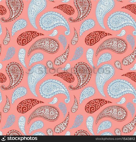 Paisley pattern background, seamless floral ornament, vector simple vintage style design. Abstract vintage Paisley pattern decoration, red, pink, pastel light blue and white pale color background. Paisley floral pattern background, pink red, blue