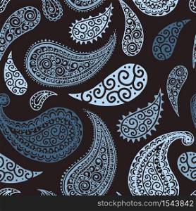Paisley pattern background, seamless floral textile ornament, vector illustration. Pastel pale blue and black abstract vintage Paisley pattern, flower decoration, floral fabric fashion art design. Paisley pattern background, blue floral ornament