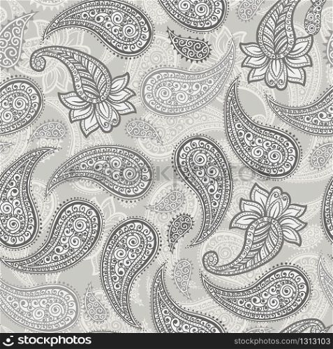 Paisley pattern background, vector seamless floral ornament for textile or wallpaper design. Indian paisley pattern with vintage flower and leaf motif, gray ornate flower, art decoration background. Paisley pattern, Indian floral ornament background