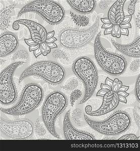 Paisley pattern background, vector seamless floral ornament for textile or wallpaper design. Indian paisley pattern with vintage flower and leaf motif, gray ornate flower, art decoration background. Paisley pattern, Indian floral ornament background
