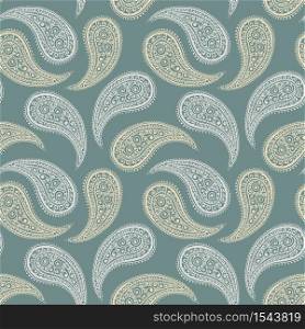 Paisley pattern background, vector seamless floral textile ornament, pale green or sage pastel and beige color. Abstract vintage Paisley pattern with flower decoration, floral fabric art design. Paisley pattern background, green floral ornament