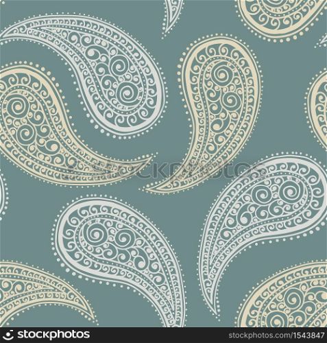 Paisley pattern background, vector seamless floral textile ornament, pale green or sage pastel and beige color. Abstract vintage Paisley pattern with flower decoration, floral fabric art design. Paisley pattern background, green floral ornament