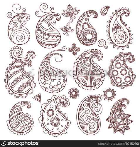 Paisley pattern collection. Indian and eastern cultural textile elements vector big set isolated on white background. Paisley pattern collection. Indian and eastern cultural textile elements vector big set isolated