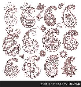 Paisley pattern collection. Indian and eastern cultural textile elements vector big set isolated on white background. Paisley pattern collection. Indian and eastern cultural textile elements vector big set isolated