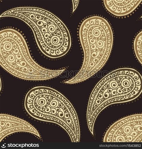 Paisley pattern, golden floral background, seamless flower and leaf ornament, vector illustration. Brown and beige abstract vintage Paisley pattern decoration, floral fabric art design background. Paisley pattern background, golden floral ornament