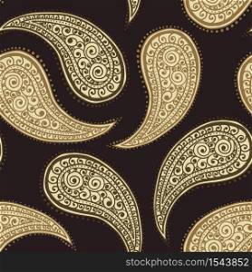 Paisley pattern, golden floral background, seamless flower and leaf ornament, vector illustration. Brown and beige abstract vintage Paisley pattern decoration, floral fabric art design background. Paisley pattern background, golden floral ornament