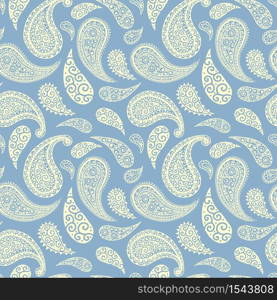 Paisley pattern light blue pale background, seamless floral ornament, vector simple vintage design. Abstract vintage Paisley pattern decoration, blue colors floral fabric background. Paisley pattern background, pale light blue pastel