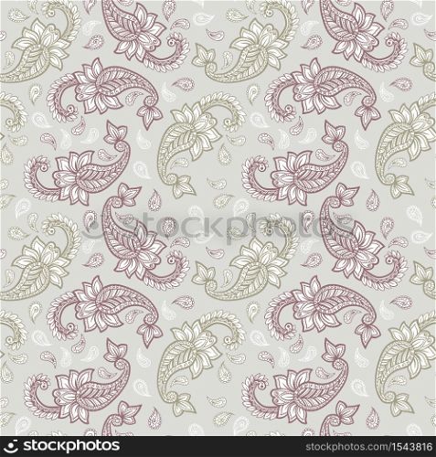 Paisley pattern on yellow background, seamless gold, red and white floral ornament, vector design. Abstract simple vintage Paisley pattern decoration, pastel pale colors floral fabric background. Paisley pattern background, golden, yellow and red