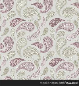 Paisley pattern on yellow background, seamless gold, red and white floral ornament, vector design. Abstract simple vintage Paisley pattern decoration, pastel pale colors floral fabric background. Paisley pattern background, golden, yellow and red