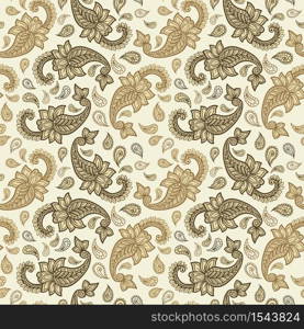 Paisley pattern on yellow background, seamless gold, red and white floral ornament, vector design. Abstract simple vintage Paisley pattern decoration, pastel pale colors floral fabric background. Paisley pattern background, golden, yellow and red