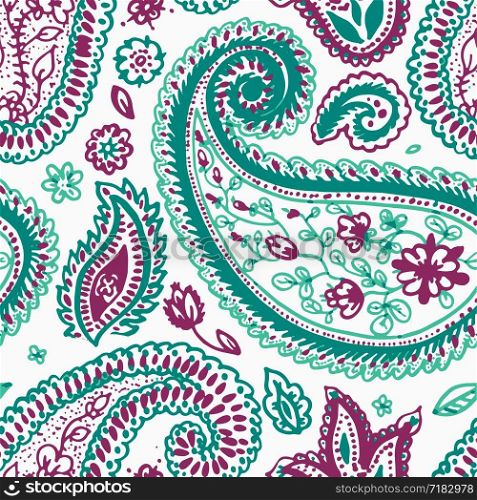Paisley pattern vector floral background. Indian floral abstract blue and pink red flower and leaf Paisley pattern on white background. Paisley pattern vector floral Indian flower ornament background