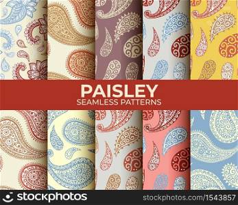 Paisley patterns set, seamless colorful floral ornament, vector design. Abstract vintage Paisley pattern decoration, floral fabric background. Paisley Pattern Set