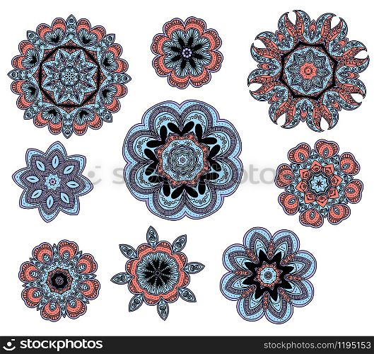 Paisley round ornaments with blue and pink floral pattern, vector design of Indian mandala flowers. Arabic mosaic motifs with ethnic lace and ottoman geometric ornaments, curls and dots. Round floral patterns with Indian paisley ornament