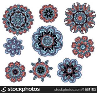 Paisley round ornaments with blue and pink floral pattern, vector design of Indian mandala flowers. Arabic mosaic motifs with ethnic lace and ottoman geometric ornaments, curls and dots. Round floral patterns with Indian paisley ornament