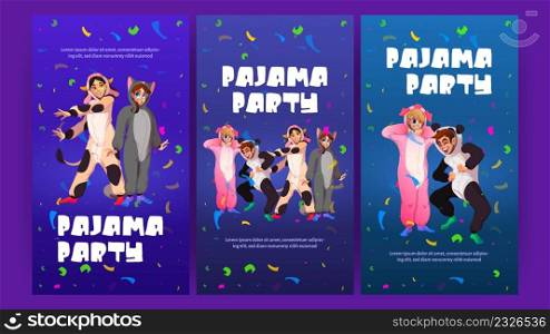 Pajama party cartoon posters. Young people in kigurumi animal jumpsuits rejoice with friends and confetti. Teenagers wear costumes cat, cow, panda and pig, Vector illustration, invitation to club. Pajama party cartoon posters, people in kigurumi