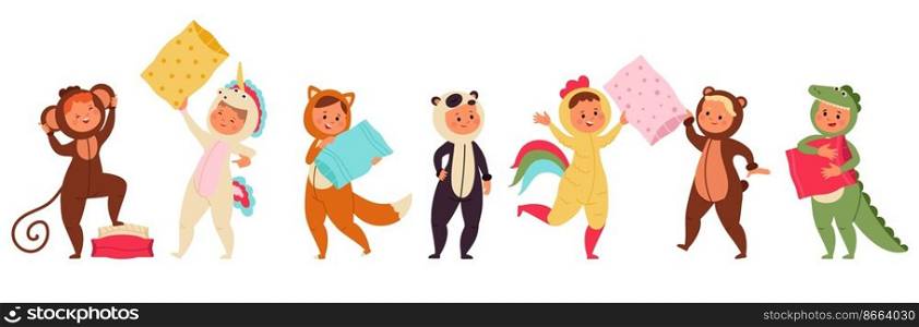 Pajama party. Children wear pajamas, animal costumes suits. Festival kids with pillows, sleep funny characters. Isolated happy friends decent vector set of pajama cartoon children illustration. Pajama party. Children wear pajamas, animal costumes suits. Festival kids with pillows, sleep funny characters. Isolated happy friends decent vector set