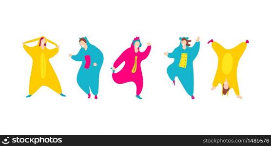 Pajama party. Happy friends in pajamas costume sleepwear. Trendy flat people vector illustration. Cute cartoon character unicorn. Birthday party. Cartoon happy dancing isolated people.. Pajama party. Happy friends in pajamas costume isolated