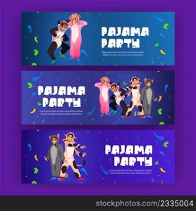 Pajama party posters with happy people in kigurumi dance at night. Vector invitation flyers with cartoon illustration of slumber party with characters in funny pyjamas and confetti. Pajama party posters with happy people in kigurumi