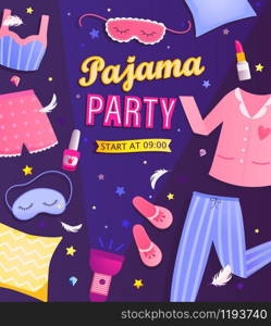 Pajama party&rsquo;s invitation flyer. Night time for kids and parents, nightwear, pillows, fun. Poster for happy event. Birthday celebration for children in pyjamas.Vector illustration.. Pajama party&rsquo;s invitation flyer.