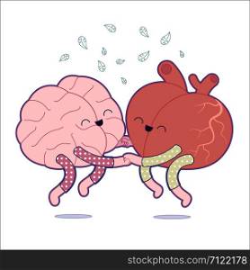Pajama party - the outlined vector illustration of a brain and a heart wearing pajamas jumping together holding their hands. A part of Brain collection.. Pajama party