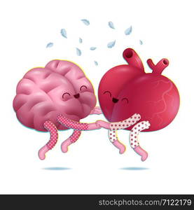 Pajama party - - the vector illustration of a brain and a heart wearing pajamas jumping together holding their hands. A part of Brain collection.. Paama party