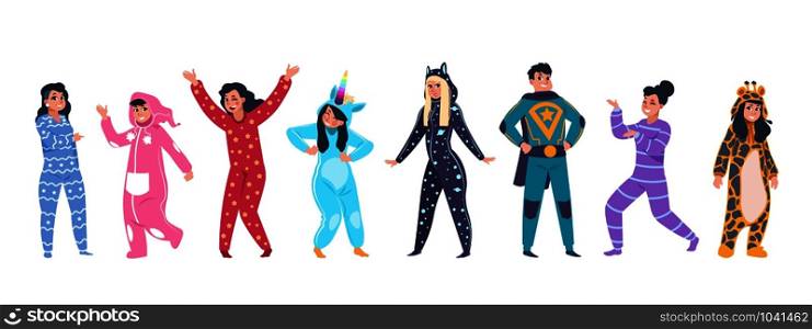 Pajamas characters. Happy cartoon persons in superhero and animal pajamas on evening with hood on pillow party. Vector funny costumes set with unicorn giraffe on white background. Pajamas characters. Happy cartoon persons in superhero and animal pajamas on evening pillow party. Vector funny costumes set