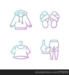 Pajamas for home gradient linear vector icons set. Hoodied shirt. Cross band slippers. Crop top. Trendy sportswear. Thin line contour symbols bundle. Isolated vector outline illustrations collection. Pajamas for home gradient linear vector icons set
