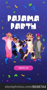 Pajamas party cartoon web banner, invitation. People in kigurumi animal jumpsuits rejoice with confetti falling down. Teenagers wearing costumes cat, cow, and panda, pig Vector mobile app onboard page. Pajamas party cartoon web banner or invitation