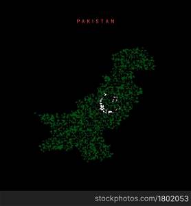 Pakistan flag map, chaotic particles pattern in the colors of the Pakistani flag. Vector illustration isolated on black background.. Pakistan flag map, chaotic particles pattern in the Pakistani flag colors. Vector illustration