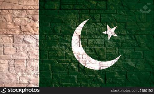 Pakistan flag with gray stone wall tiles texture. Texture of old poster back with Pakistan flag. Web banner template for industrial design. Vector
