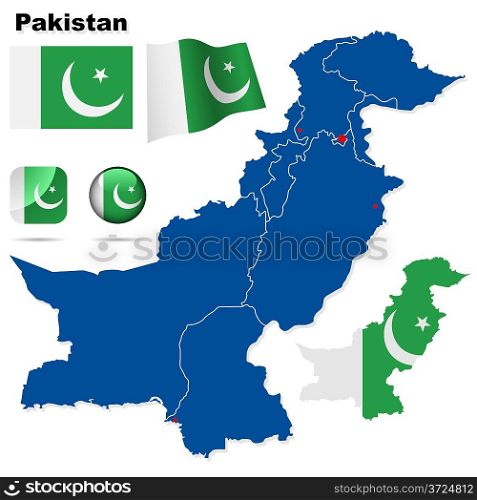 Pakistan vector set. Detailed country shape with region borders, flags and icons isolated on white background.