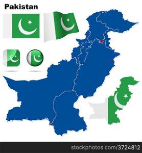Pakistan vector set. Detailed country shape with region borders, flags and icons isolated on white background.