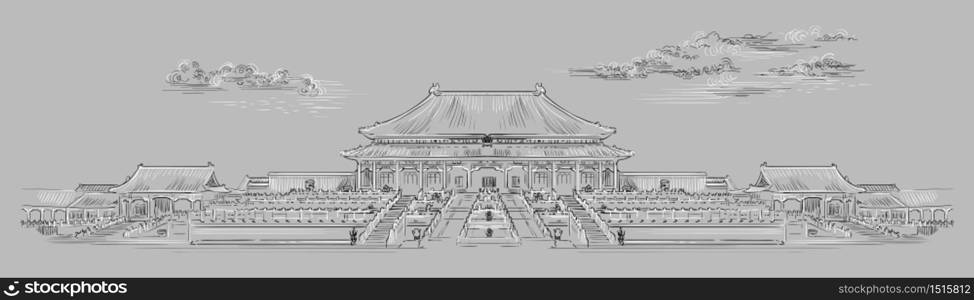 Palace complex in Forbidden city in central Beijing, landmark of China. Hand drawn vector sketch illustration in monochrome colors isolated on gray background. China travel Concept. Stock illustration
