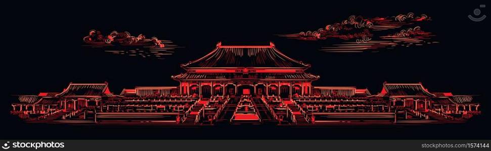 Palace complex in Forbidden city in central Beijing, landmark of China. Hand drawn vector sketch illustration in monochrome colors isolated on black background. China travel Concept. Stock illustration