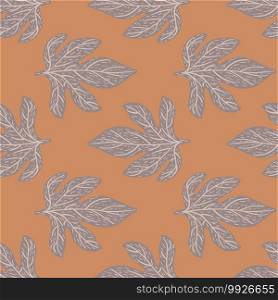 Pale autumn seamless pattern with outline grey hand drawn leaves. Orangen pastel background. Decorative backdrop for fabric design, textile print, wrapping, cover. Vector illustration. Pale autumn seamless pattern with outline grey hand drawn leaves. Orangen pastel background.