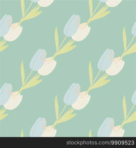 Pale light seamless doodle pattern with tulip flowers. Diagonal botanic ornament with blue and white buds on pale turquoise background. For wallpaper, textile, wrapping, fabric. Vector illustration.. Pale light seamless doodle pattern with tulip flowers. Diagonal botanic ornament with blue and white buds on pale turquoise background.